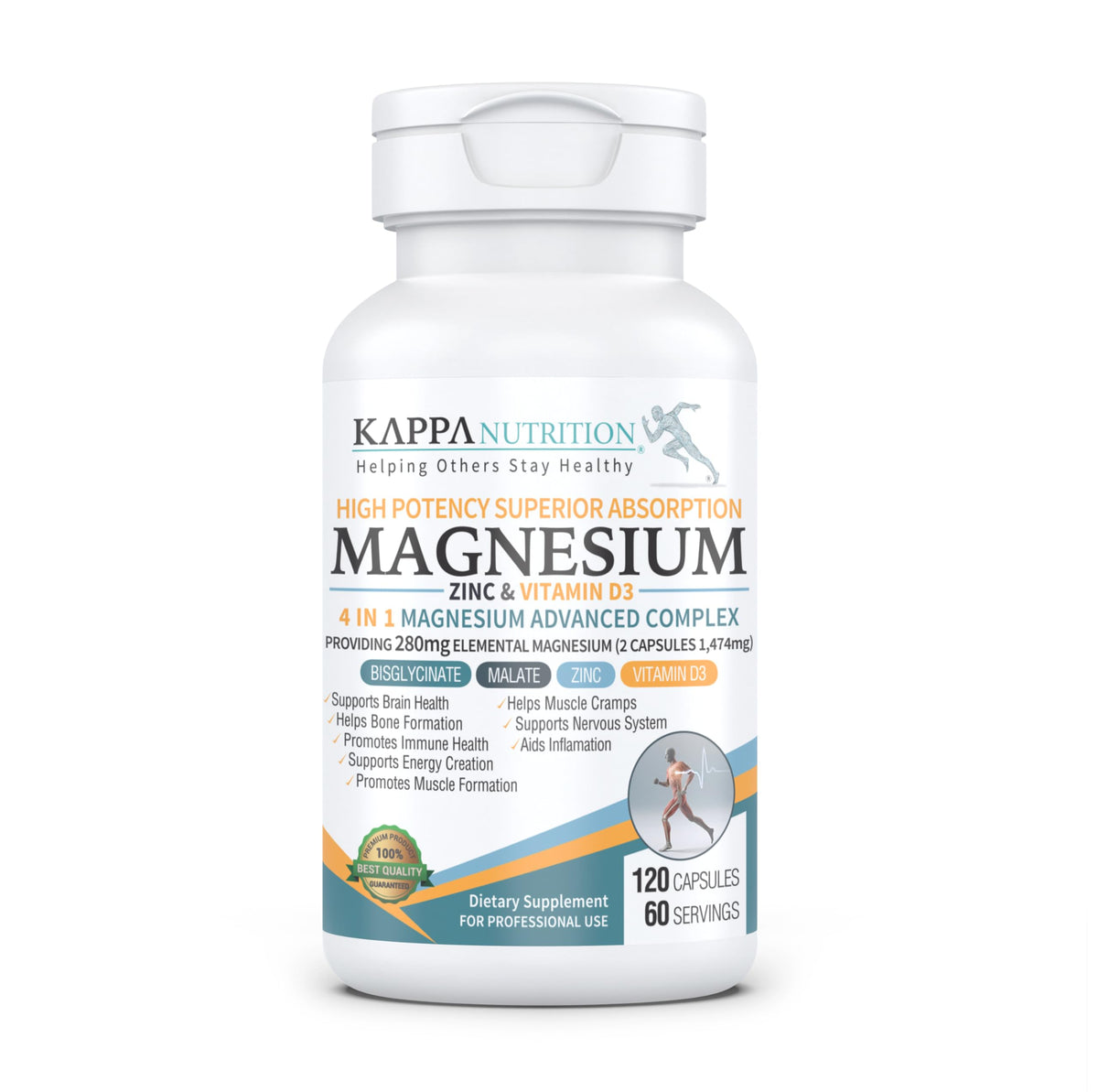 Kappa Nutrition Magnesium 4-in-1, 280mg Elemental Magnesium (Bisglycinate, Malate) + Zinc & Vitamin D3, Brain, Sleep, Energy, Muscle, Immune Support, 120 Vegan Capsules. KAPPA NUTRITIONBuy Supplements Australia