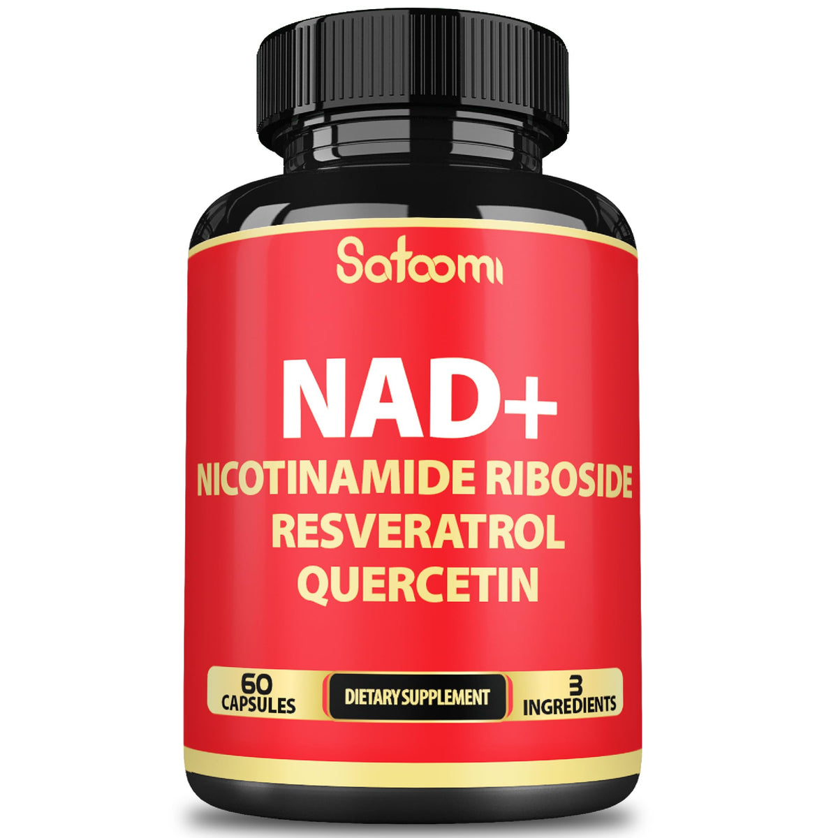 Supplement bottle with red label featuring ingredients on a white background