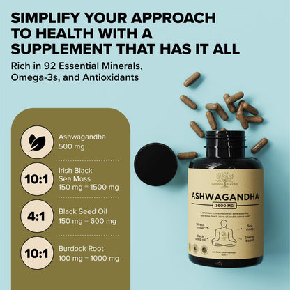 Garden of Herbz Organic Ashwagandha Root & Irish Sea Moss – 3,600 mg Ashwagandha Supplement with Black Seed Oil, & Burdock Root – Herbal Supplement for Energy, Calm, Mood, & Wellness, 120 Caps Garden of HerbzBuy Supplements Australia