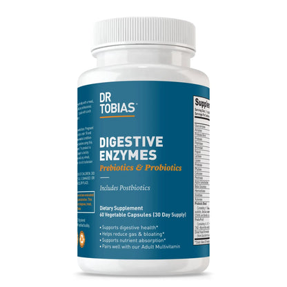Dr. Tobias Digestive Enzymes with Probiotics, Prebiotics and Postbiotics Bromelain, Amylase, Lipase, for Better Digestion & Immune Function, 60 Capsules, 30 Servings (2 Daily) Dr. TobiasBuy Supplements Australia