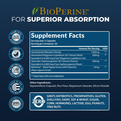 2010 MG NAD+ Supplement- Nicotinamide Riboside, Resveratrol, Quercetin & BioPerine® (High Absorption)- Natural NAD Booster for Anti-Aging, Cellular Energy, Skin- For Women & Men- 90 V Capsules Rainbow Nutrients, LLCBuy Supplements Australia