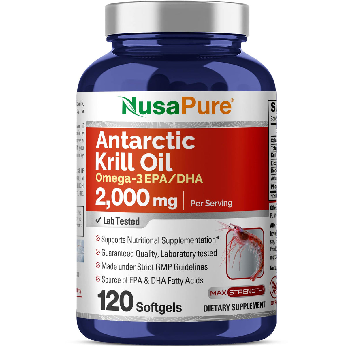 NusaPure Antarctic Krill Oil 2000 mg 120 Softgels, Omega-3 EPA 360mg, DHA 240mg, Soyfree Astaxanthin Supplement Sourced from Krill 800ppm NusaPureBuy Supplements Australia
