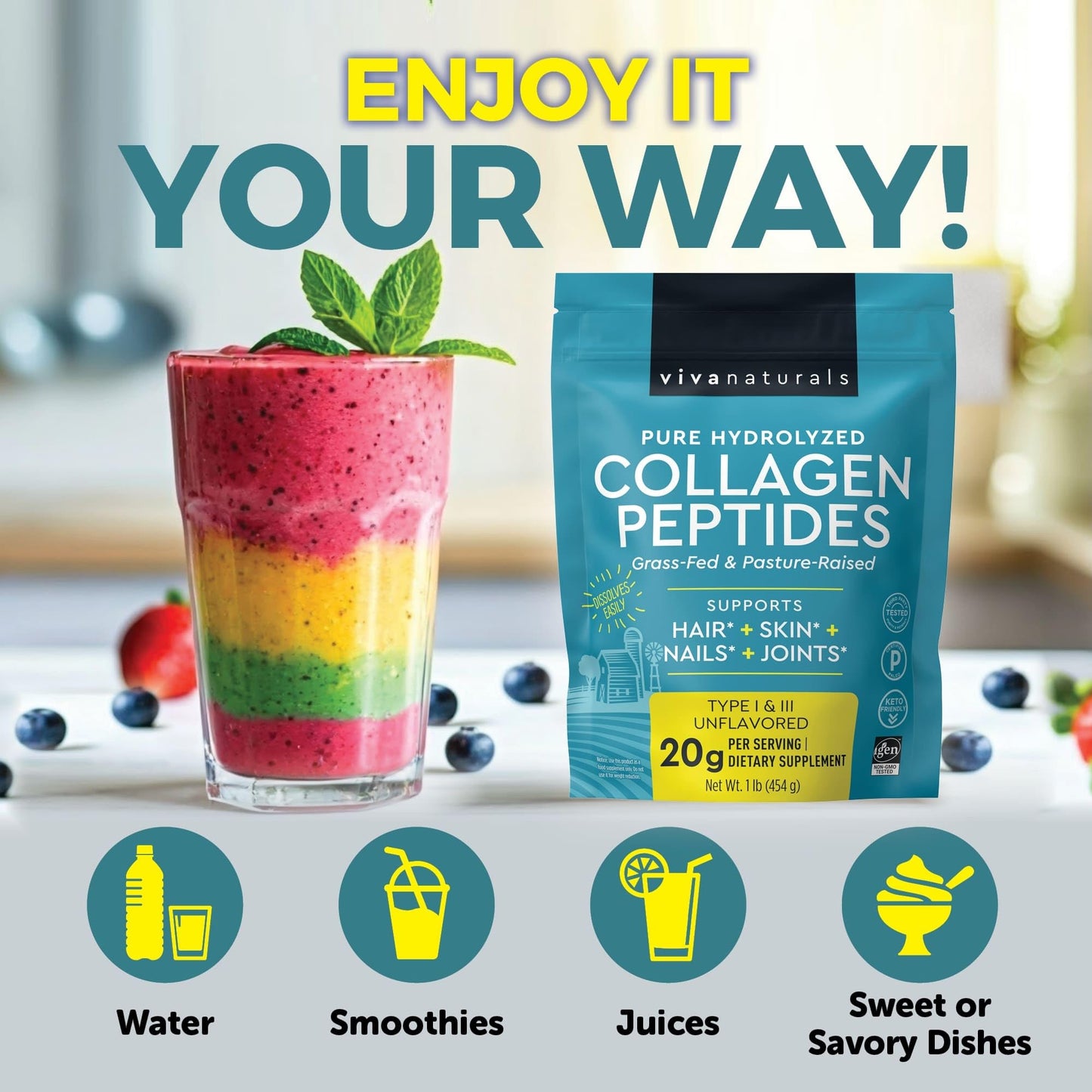 Viva Naturals Collagen Peptides Powder - Grass-Fed Hydrolyzed Bovine, Type I & III - 19 g Protein, Unflavored, Easy Dissolving - Joint, Skin, Hair & Nail Support - Paleo, Keto, Non-GMO - 1lb Viva Naturals buy supplements Au