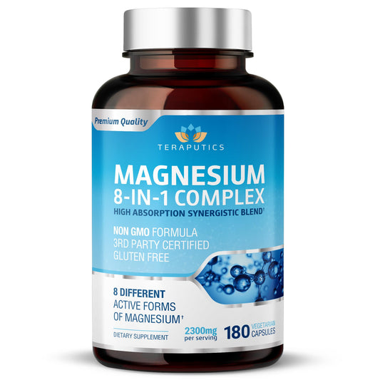 Supplement bottle labeled 'Magnesium 8-in-1 Complex' by Teraputics on a white background