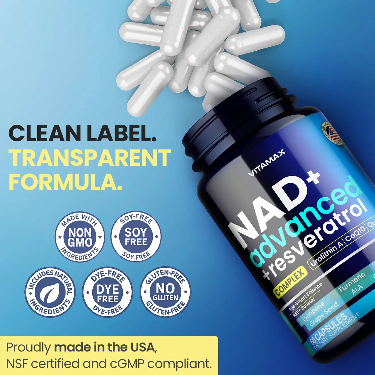 Liposomal NAD+ Supplement Extra Strength | Urolithin A, Resveratrol, CoQ10 - Women & Men - ALA, Green Tea, Quercetin, Lycopene | High Purity, Energy & Regeneration - Made in USA – 60ct VitamaxBuy Supplements Australia