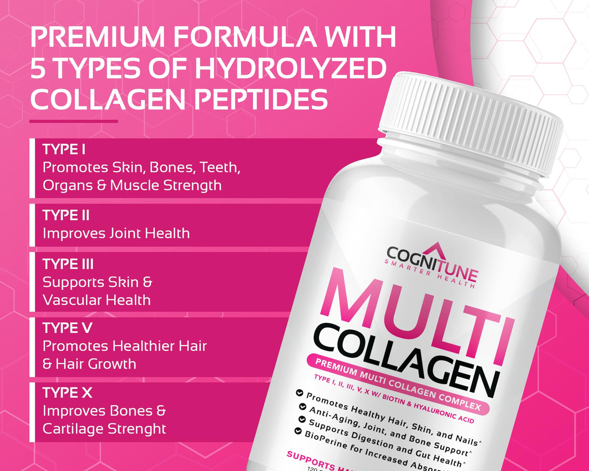 CogniTune Multi Collagen Peptides for Women with Biotin, Hyaluronic Acid, Vitamin C - 5 Types I II III V X Colageno Hidrolizado - 2000mg Hair Skin Nails Joints Support - 120 Capsules CogniTuneBuy Supplements Australia