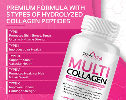 CogniTune Multi Collagen Peptides for Women with Biotin, Hyaluronic Acid, Vitamin C - 5 Types I II III V X Colageno Hidrolizado - 2000mg Hair Skin Nails Joints Support - 120 Capsules CogniTuneBuy Supplements Australia