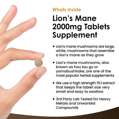 Lions Mane Mushroom Extract Supplement 2000mg - 180 High Strength Vegan Tablets NEW LEAF PRODUCTSBuy Supplements Australia