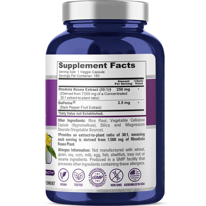 NusaPure Rhodiola Rosea 7,500mg 180 Veggie Capsules (Non-GMO, Extract 30:1, Vegan & Gluten-Free) Bioperine NusaPureBuy Supplements Australia