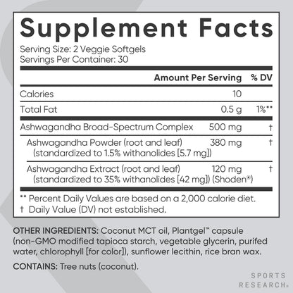 Sports Research® Ashwagandha Softgels with Coconut MCT Oil - Natural Adaptogen Made with Shoden® Ashwa for Relaxation, Calm & Sleep Support - Gluten Free & Vegan Friendly - 60 Count Sports ResearchBuy Supplements Australia