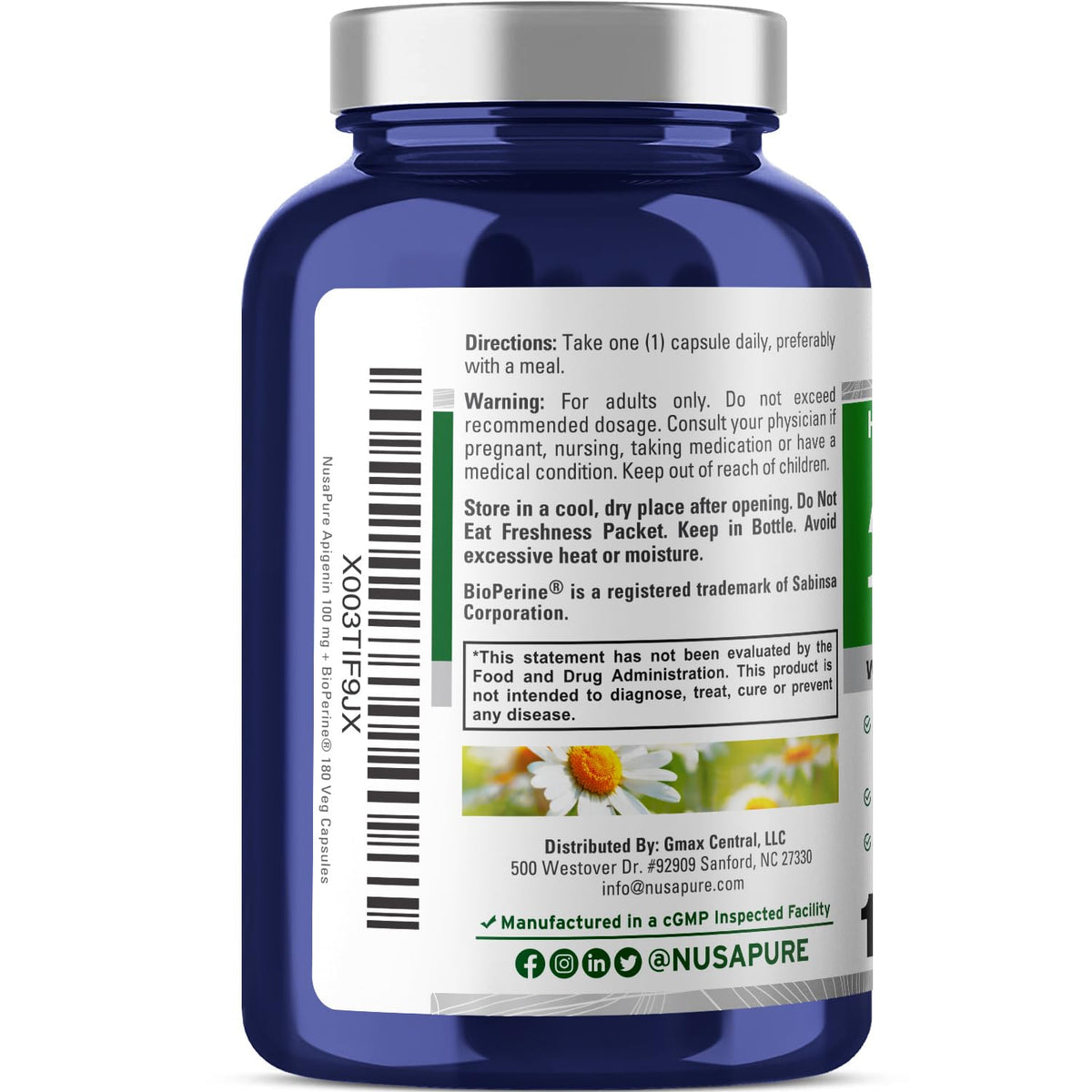 NusaPure Apigenin 100 mg per Capsule 180 Vcaps - Bioperine (Non-GMO, Gluten Free) NusaPureBuy Supplements Australia