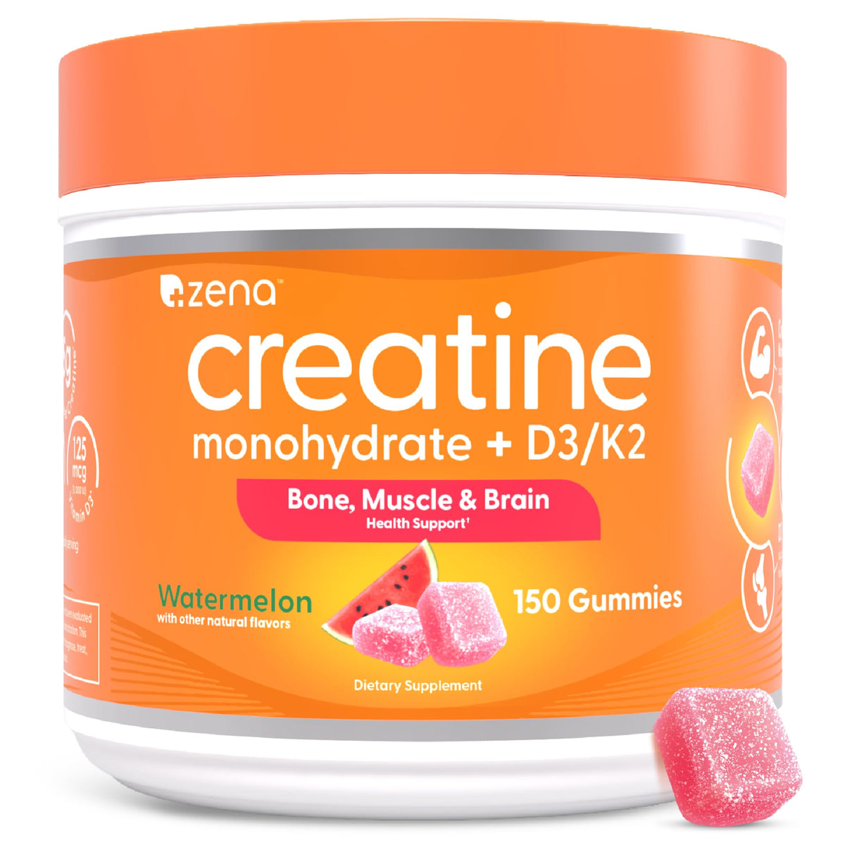 Zena Nutrition Creatine Gummies with D3 & K2, Creatine Monohydrate for Men and Women, Supports Bone, Muscle, & Cognitive Health, Gummy Workout Supplement, Watermelon Flavor, 150ct, 30 Daily Servings Zena NutritionBuy Supplements Australia