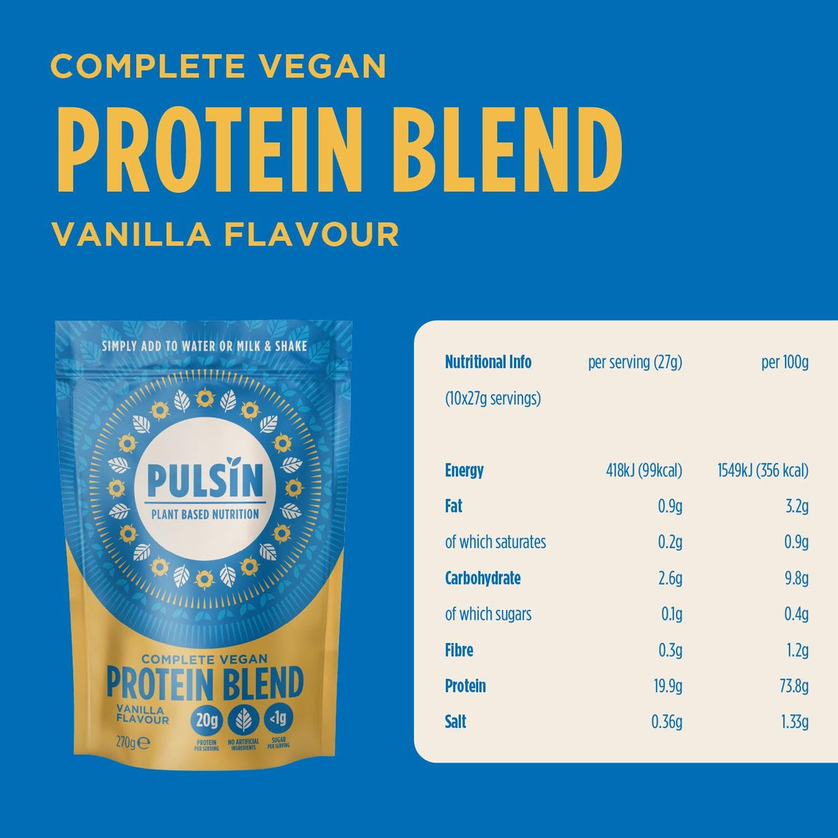 Pulsin plant based nutrition,Complete vegan protein blend,Vanilla flavour 270 g PulsinBuy Supplements Australia