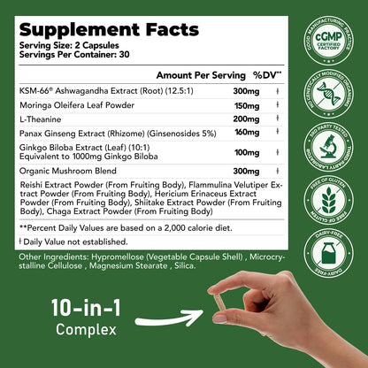 GlowEver KSM-66 Ashwagandha Supplements with L-Theanine Moringa Organic Mushrooms Complex Ginseng Ginkgo Biloba - Mood & Energy Support, Cortisol Manager, Immune Support, 60 Vegan Capsules GlowEverBuy Supplements Australia