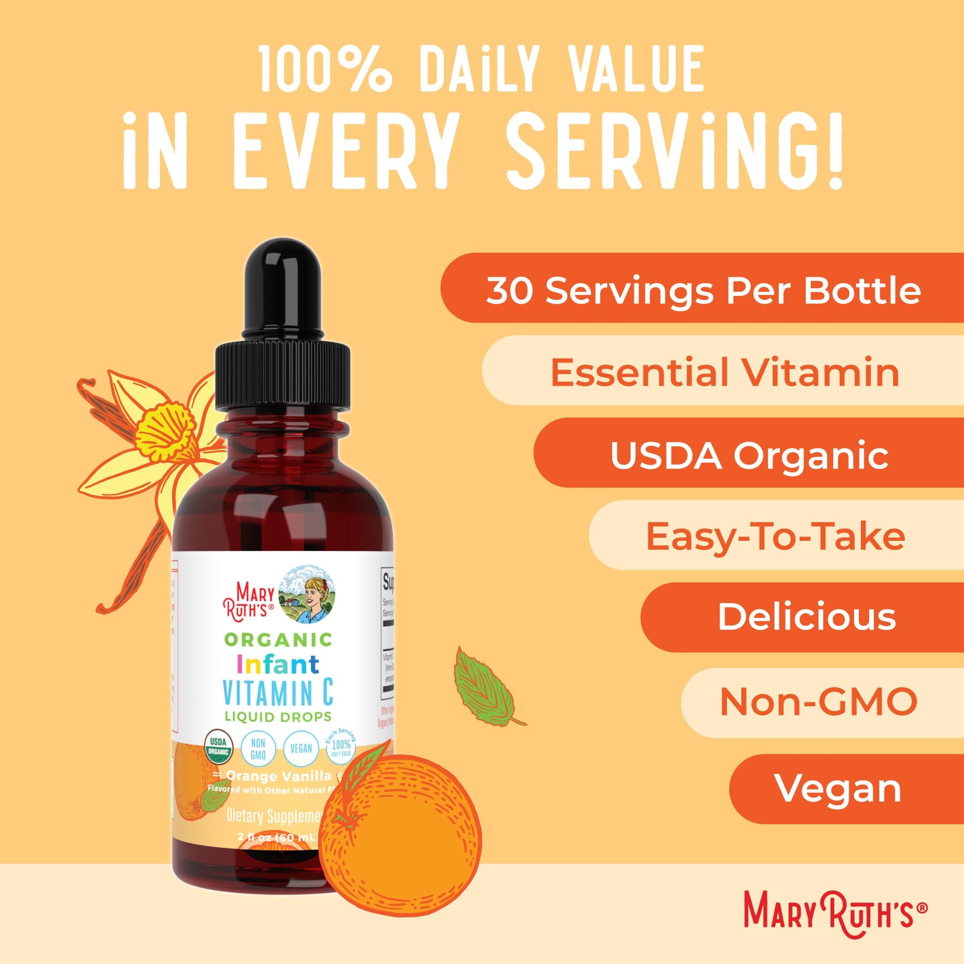 MaryRuth Organics Infant & Baby Vitamin C Supplement | USDA Organic Vitamin C Liquid Drops for Infants | Ages 6-12 Months | Immune Support | Overall Health | Vegan | Non-GMO | Gluten Free | 2 Fl Oz MARYRUTH'SBuy Supplements Australia