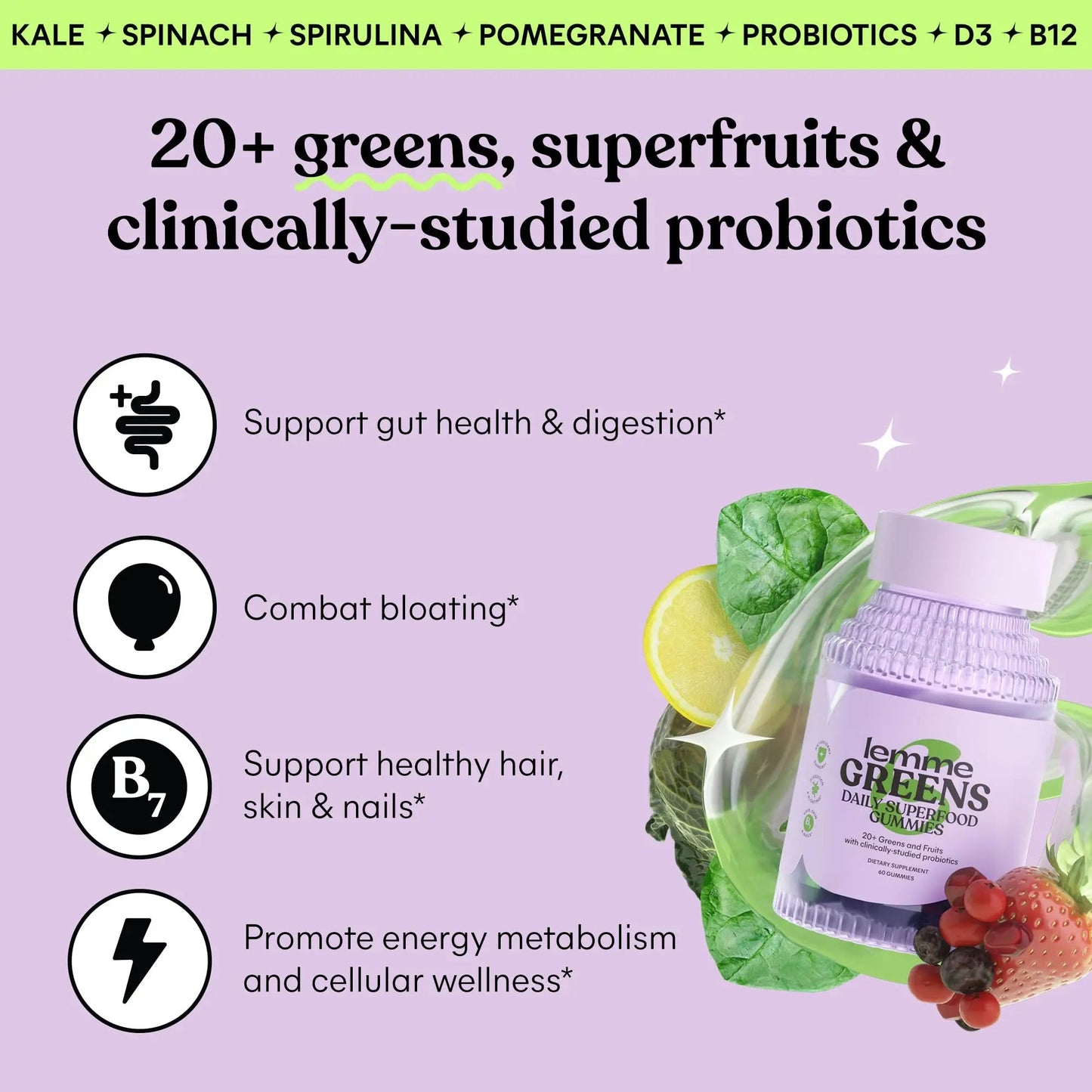 Lemme Greens Superfood Gummies w/Multi - Support Gut Health & Reduce Bloating, 20+ Organic Greens and Superfruits, Clinically Studied Probiotics, D3, B12 - Berries & Greens Flavored (60 Count) Lemme buy supplements Au