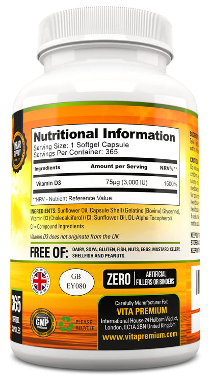 Vitamin D 3,000 IU, High Strength Vitamin D3 Supplement, 365 Easy to Swallow Softgels Vita PremiumBuy Supplements Australia