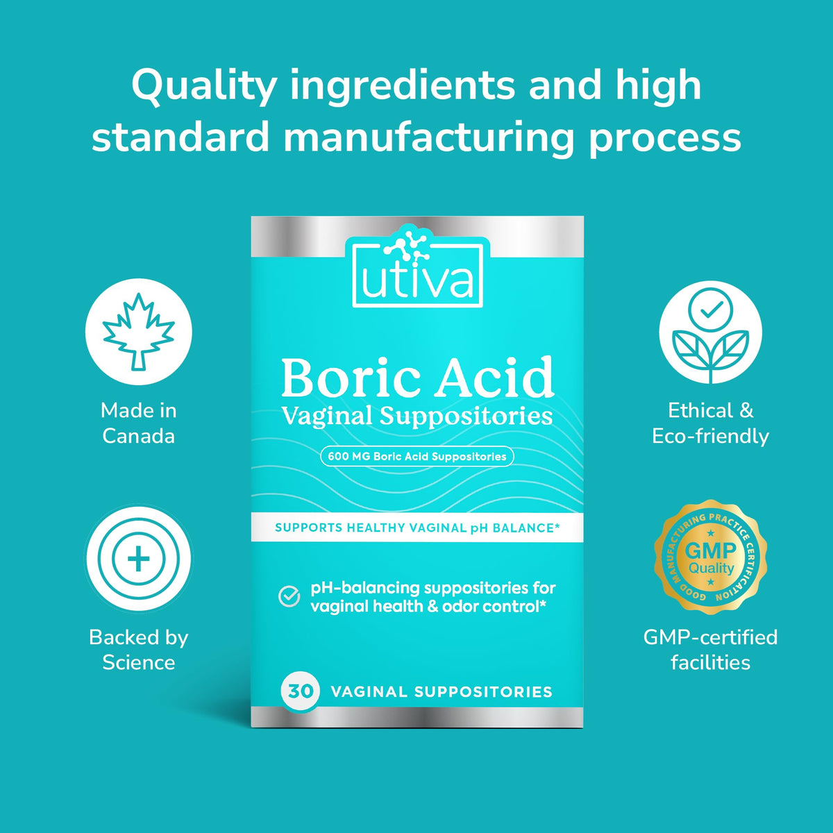 10% Bundle Utiva Boric Acid - 600mg 30-Boric Acid Vaginal Suppositories to Lower pH and Support Vaginal Health + Utiva Suppository Applicators – Hygienic Individually Wrapped 15 Vaginal Applicators Szio+Buy Supplements Australia