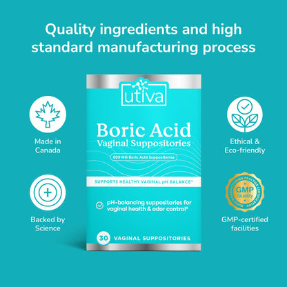 10% Bundle Utiva Boric Acid - 600mg 30-Boric Acid Vaginal Suppositories to Lower pH and Support Vaginal Health + Utiva Suppository Applicators – Hygienic Individually Wrapped 15 Vaginal Applicators Szio+Buy Supplements Australia