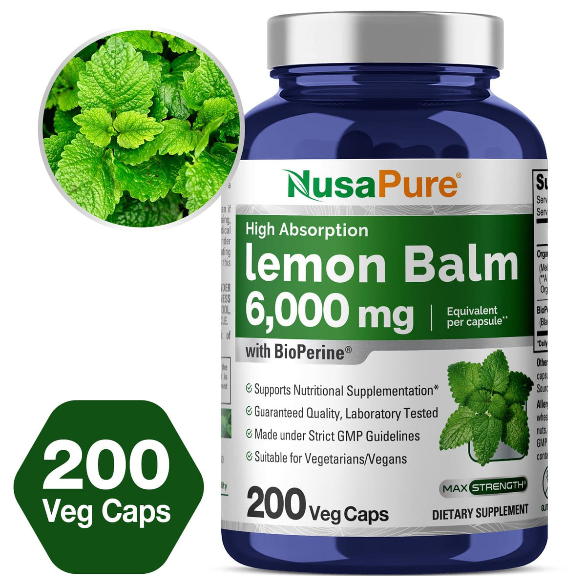 NusaPure Lemon Balm 30:1 Extract, 200 mg Equivalent to 6000mg Per Vegan Caps - 200 Count Non-GMO, Vegan Bioperine NusaPureBuy Supplements Australia