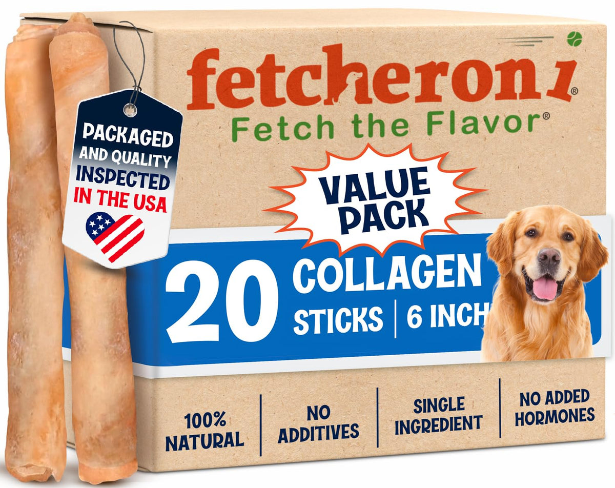 FETCHERONI 6" Collagen Sticks for Dogs – Low Odor Long-Lasting Bully Stick & Rawhide Alternative, Single Ingredient Beef Bone, High Protein Dental Treat, Vet Approved, Improves Joint Health – 20 Pack FETCHERONIBuy Supplements Australia