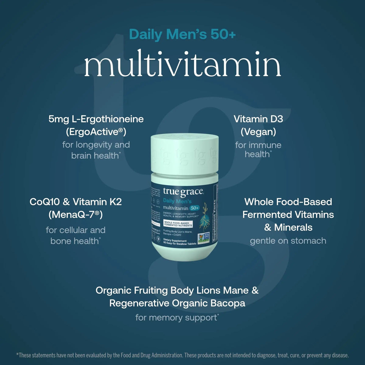 True Grace Daily Men’s Multivitamin 50+ - 60 Easy-to-Swallow Tablets - Immune, Energy, Longevity & Memory Support True Grace