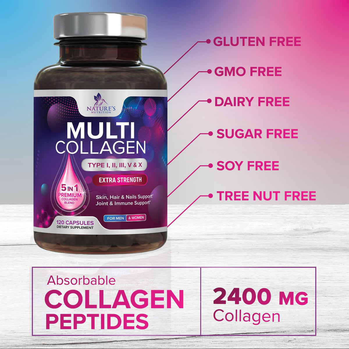 Multi Collagen Pills 2400 mg - Advanced Types I, II, III, V, X - Hydrolyzed Multi Collagen Peptides Pills, Collagen Supplements for Women & Men - Hair, Skin, & Nail Support Supplement - 120 Capsules Nature's NutritionBuy Supplements Australia