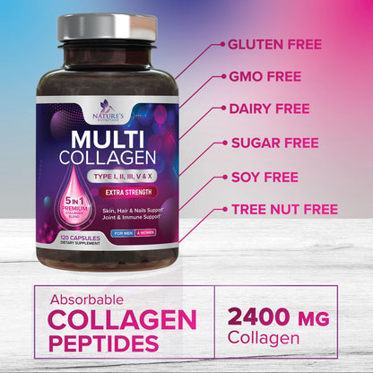 Multi Collagen Pills 2400 mg - Advanced Types I, II, III, V, X - Hydrolyzed Multi Collagen Peptides Pills, Collagen Supplements for Women & Men - Hair, Skin, & Nail Support Supplement - 120 Capsules Nature's NutritionBuy Supplements Australia