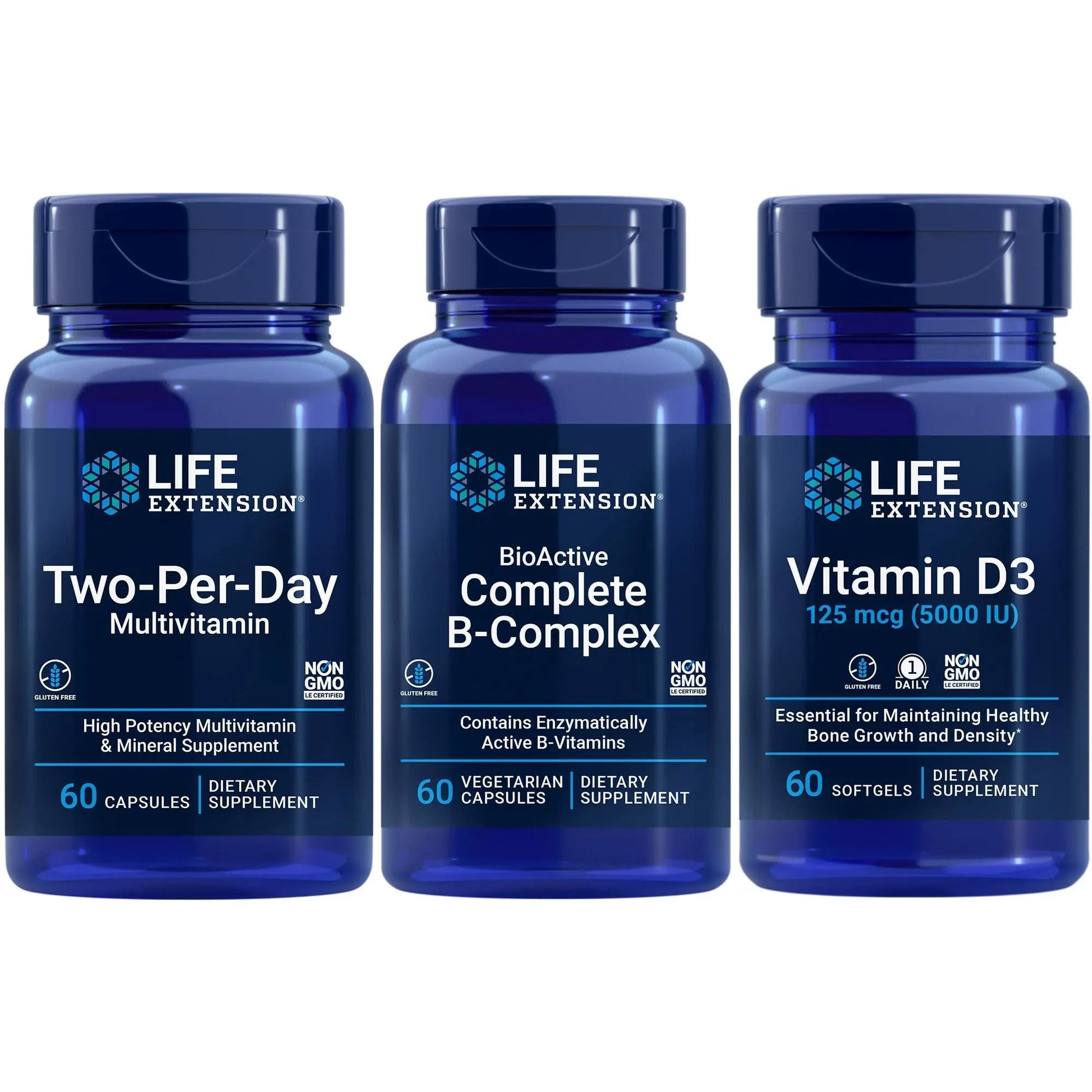 Life Extension Two-Per-Day Multivitamin, 60 capsules | BioActive Complete B-Complex, 60 capsules | Vitamin D3 125 mcg (5000 IU), 60 softgels | Bone & immune health, energy and metabolism support Life ExtensionBuy Supplements Australia