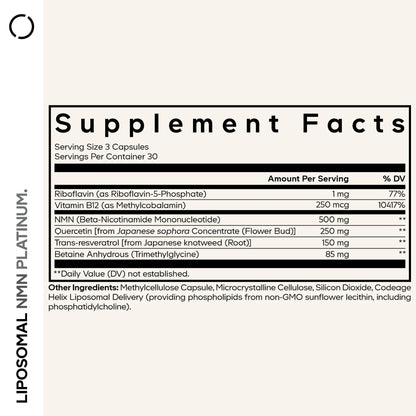Codeage Liposomal NMN Platinum - 500 mg NMN Supplement, Nicotinamide Mononucleotide, NAD Precursor - Quercetin, Resveratrol, Betaine TMG, Vitamin B2 Riboflavin & Vitamin B12 - Non-GMO - 90 Capsules CodeageBuy Supplements Australia