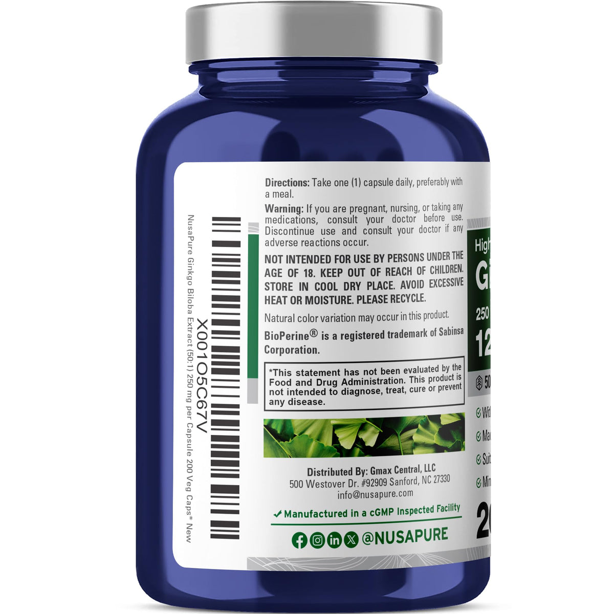 NusaPure Ginkgo Biloba 50:1 Extract, 250 mg Equivalent to 12,500 mg per Veggie Caps 200 Capsules (Vegetarian, Non-GMO, Vegan) Bioperine NusaPureBuy Supplements Australia