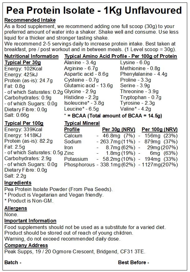 Pea Protein Isolate Powder 1kg - Packaging May Vary (Unflavoured) Peak SuppsBuy Supplements Australia