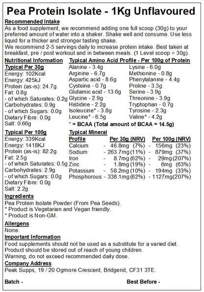 Pea Protein Isolate Powder 1kg - Packaging May Vary (Unflavoured) Peak SuppsBuy Supplements Australia