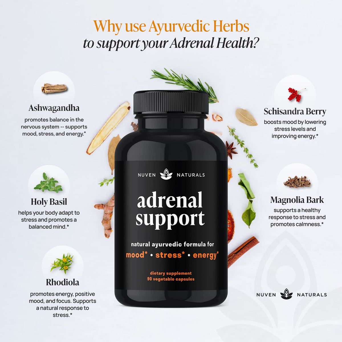Nuven Naturals Adrenal Support - Cortisol Manager & Adrenal Support Supplements with Ashwagandha Extract, Rhodiola Rosea, Holy Basil to Help Stress, Fatigue & Energy | Adaptogens | 90 Capsules Nuven NaturalsBuy Supplements Australia