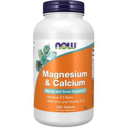 NOW Foods Supplements, Magnesium & Calcium, With Zinc and Vitamin D-3, Nerve and Bone Support*, 250 Tablets NOW FoodsBuy Supplements Australia