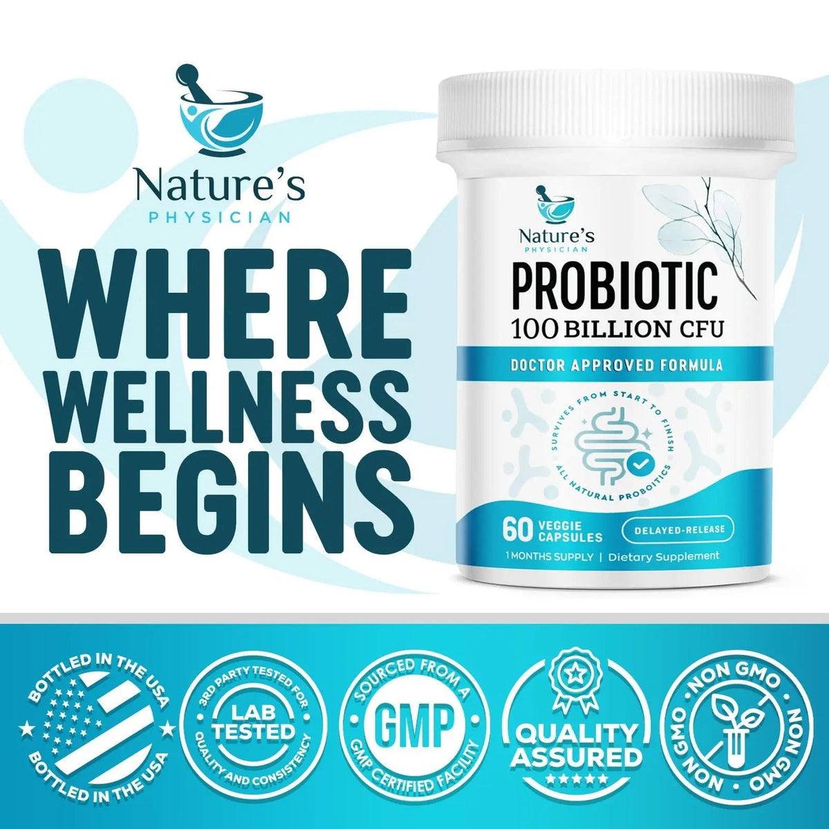 Nature's Physician Probiotics - 100 Billion CFU - 16 Strains + Prebiotics - Best Probiotic Supplement for Women & Men - Supports Immune, Digestive Health, Occasional Constipation & Gas - 60 Capsules Nature's PhysicianBuy Supplements Australia