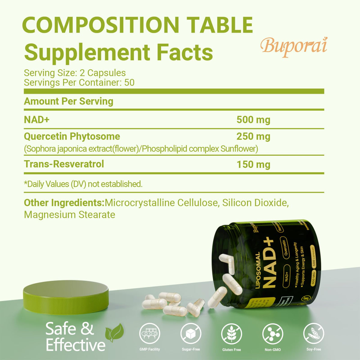 Buporai NAD Supplement 900mg with Resveratrol & Quercetin, NAD Supplement for Anti-Aging, Cellular Energy & Repair-100 Capsules BuporaiBuy Supplements Australia
