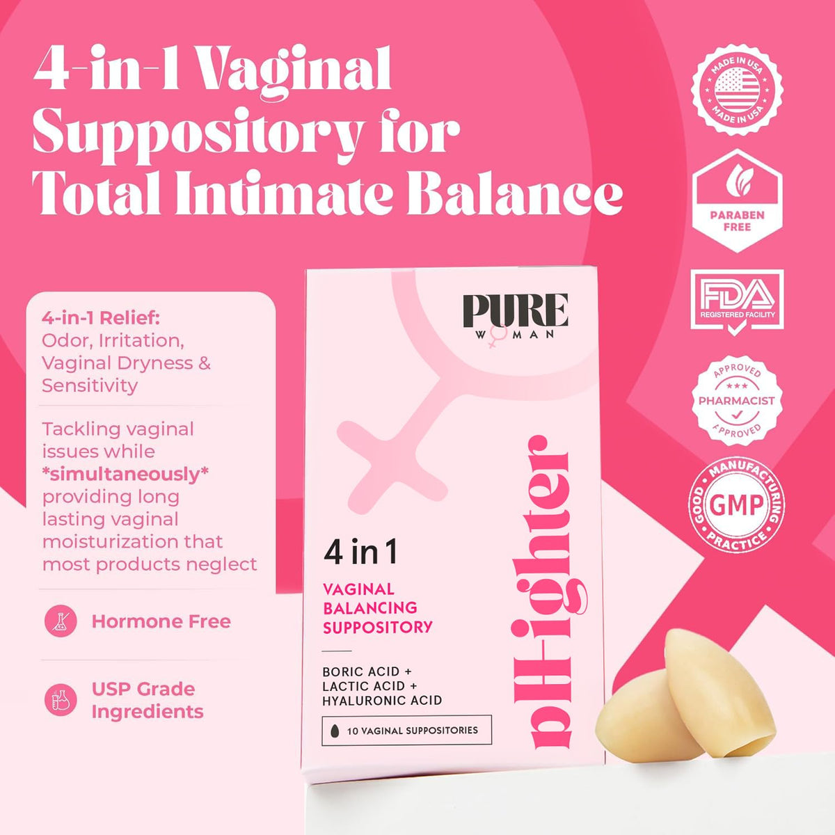 PURE WOMAN - pH-ighter Vaginal Boric Acid Suppositories for Women - Hyaluronic Acid - 4 in 1 Vaginal Suppositories for Discomfort, Dryness, Odor & pH Balance- Full Vaginal Health Care - 7pk PURE WOMANBuy Supplements Australia