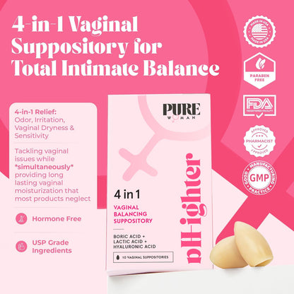 PURE WOMAN - pH-ighter Vaginal Boric Acid Suppositories for Women - Hyaluronic Acid - 4 in 1 Vaginal Suppositories for Discomfort, Dryness, Odor & pH Balance- Full Vaginal Health Care - 7pk PURE WOMANBuy Supplements Australia