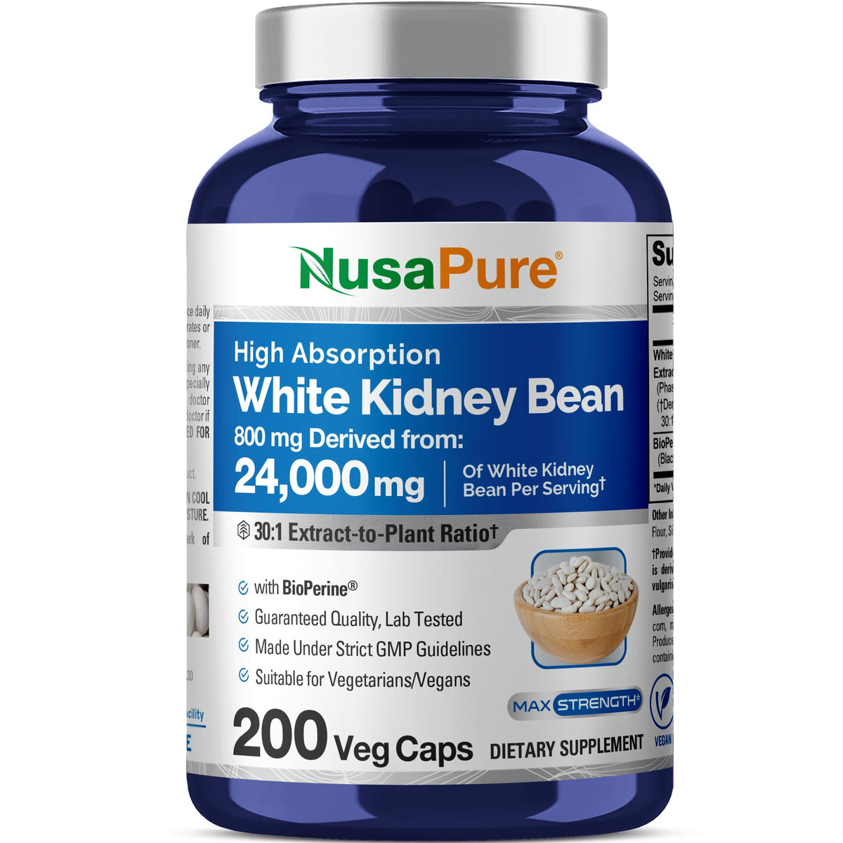 NusaPure White Kidney Beans 30:1 Extract, 800 mg Equivalent to 24,000 mg 200 Vegan Capsules - Bioperine - (Vegan, Non-GMO) NusaPureBuy Supplements Australia