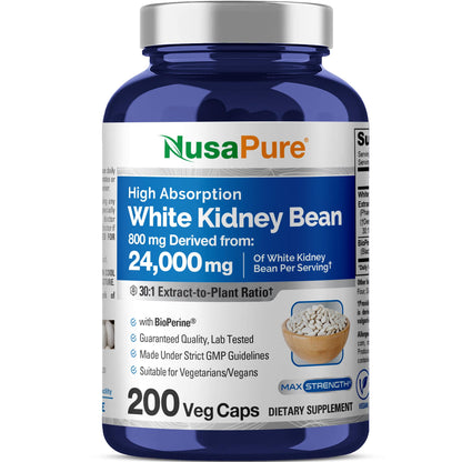NusaPure White Kidney Beans 30:1 Extract, 800 mg Equivalent to 24,000 mg 200 Vegan Capsules - Bioperine - (Vegan, Non-GMO) NusaPureBuy Supplements Australia