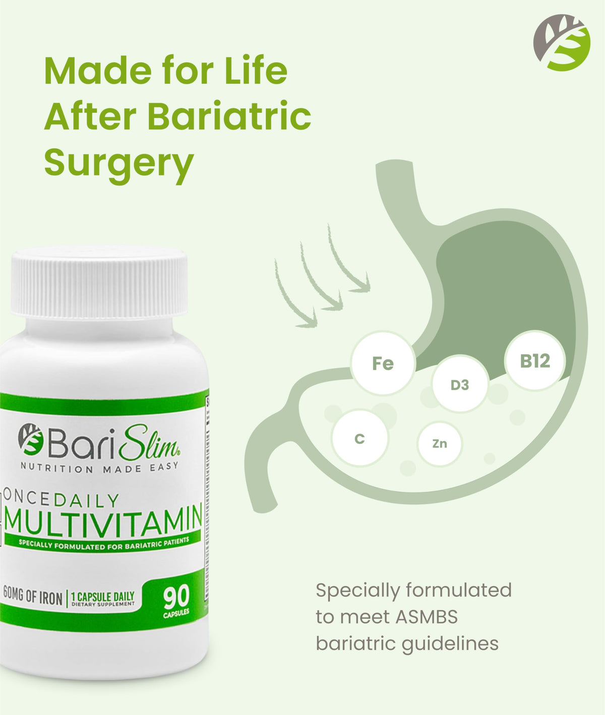 BariSlim Once Daily Bariatric Multivitamin Capsule - 60mg of Iron - Bariatric Vitamin & Supplement for Post WLS Surgery Including Gastric Bypass & Gastric Sleeve | 90 Day Supply BariSlim buy supplements Au
