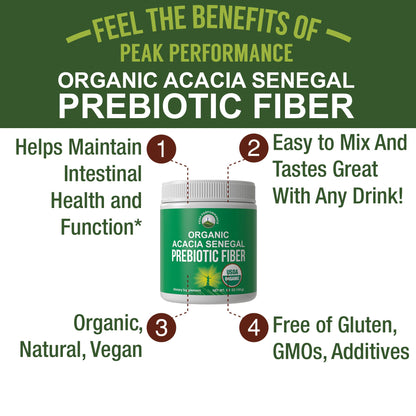 Peak Performance Organic Acacia Senegal Prebiotic Fiber Powder. Unflavored USDA Organic Plant Based Soluble Vegan Prebiotics Gut Health Supplement with Digestive Enzymes Peak PerformanceBuy Supplements Australia