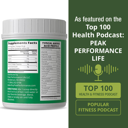 Peak Performance Hydrolyzed Bone Broth and Collagen Unflavored Protein Peptides Powder Contains All Collagen Types: 1, 2, and 3. Pure Pasture, Raised Grass Fed, Paleo Friendly, Gluten + Dairy Free Peak PerformanceBuy Supplements Australia