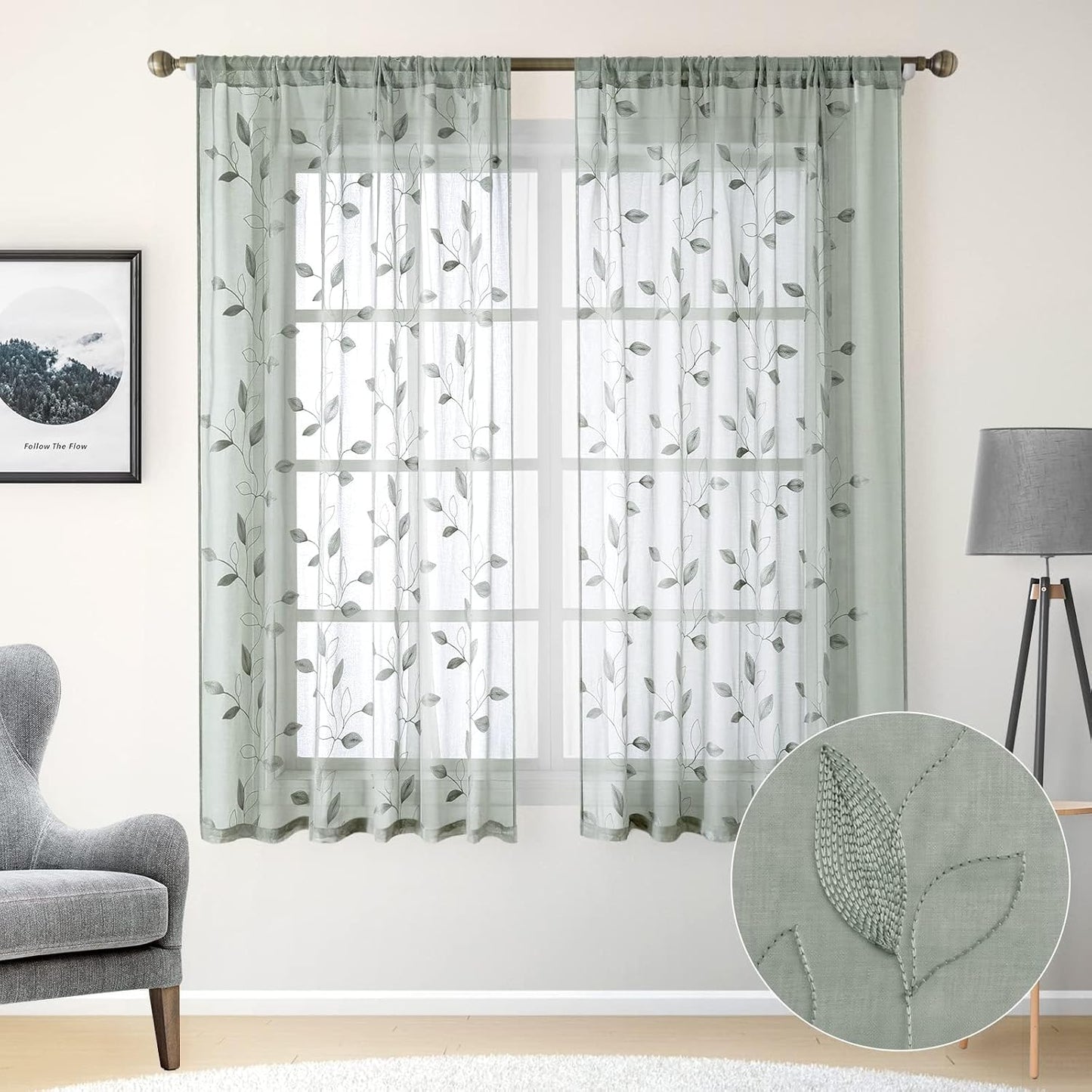 HOMEIDEAS Sage Green Sheer Curtains 52 X 63 Inches Length 2 Panels Embroidered Leaf Pattern Pocket Faux Linen Floral Semi Sheer Voile Window Curtains/Drapes for Bedroom Living Room