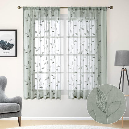 HOMEIDEAS Sage Green Sheer Curtains 52 X 63 Inches Length 2 Panels Embroidered Leaf Pattern Pocket Faux Linen Floral Semi Sheer Voile Window Curtains/Drapes for Bedroom Living Room