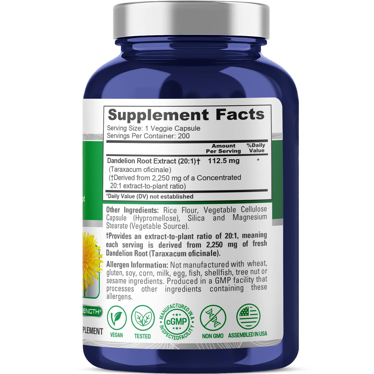 NusaPure Dandelion Root 20:1 Extract, 112.5 mg Equivalent to 2,250 mg 200 Veggie Capsules (Non-GMO, Vegan) NusaPureBuy Supplements Australia