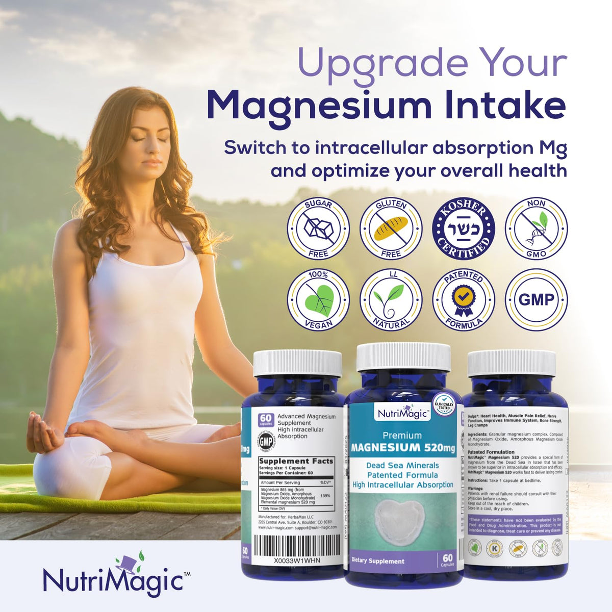 NutriMagic 520mg Patented High Absorption Elemental Magnesium from Oxide, Dead Sea Minerals Complex (1 Bottle, 2-Month Supply (60 Capsules)) NutriMagicBuy Supplements Australia