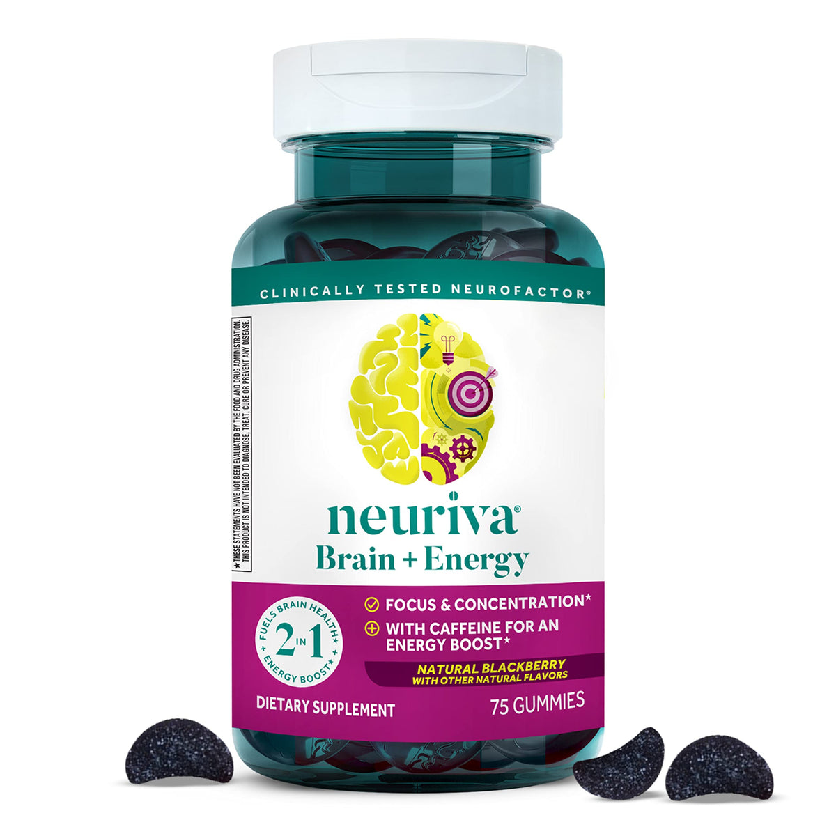 NEURIVA Brain + Energy Gummies, Nootropic Brain Supplements for Focus and Concentration with Neurofactor, Vitamin B12 & Caffeine for an Energy Boost*, 75ct Natural BlackBerry NEURIVABuy Supplements Australia