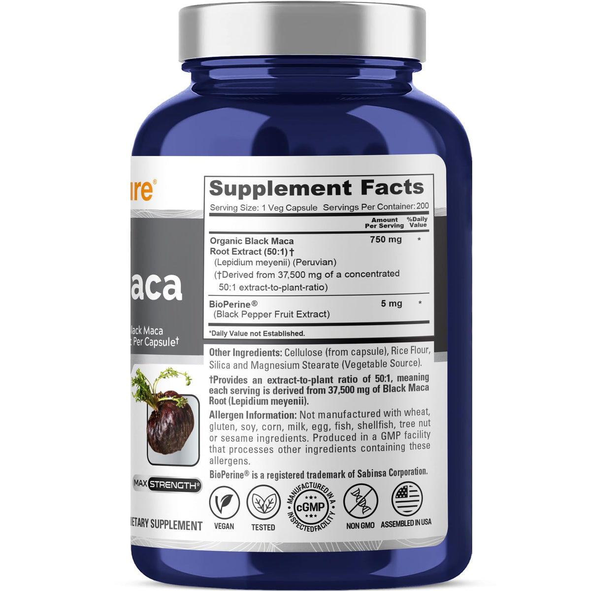 NusaPure Peruvian Black Maca Root Extract 50:1 - Suitable for Vegetarian/Vegan, Non - GMO - 37500 mg - 200 Capsules NusaPureBuy Supplements Australia